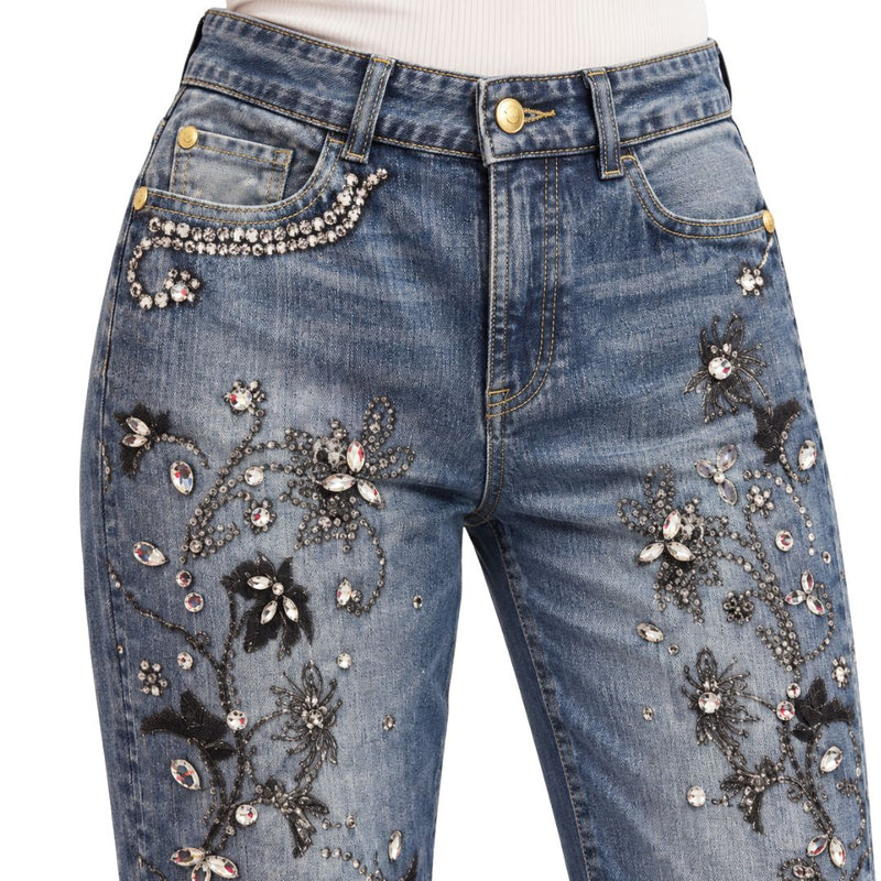 Jeans Donna Scilla diritto con applicazioni strass e stampa floreale tinto capo
