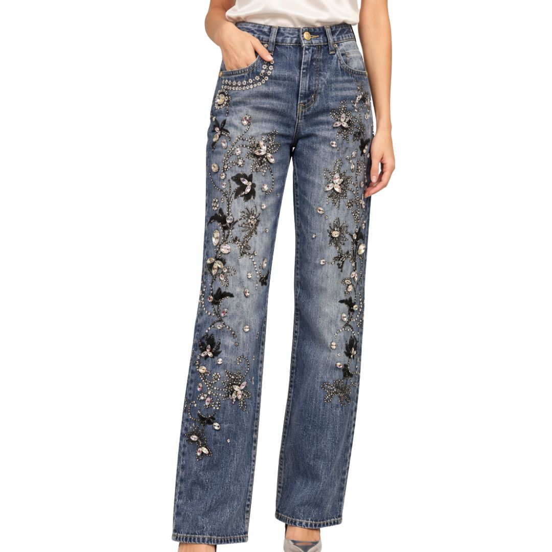 Jeans Donna Scilla diritto con applicazioni strass e stampa floreale tinto capo
