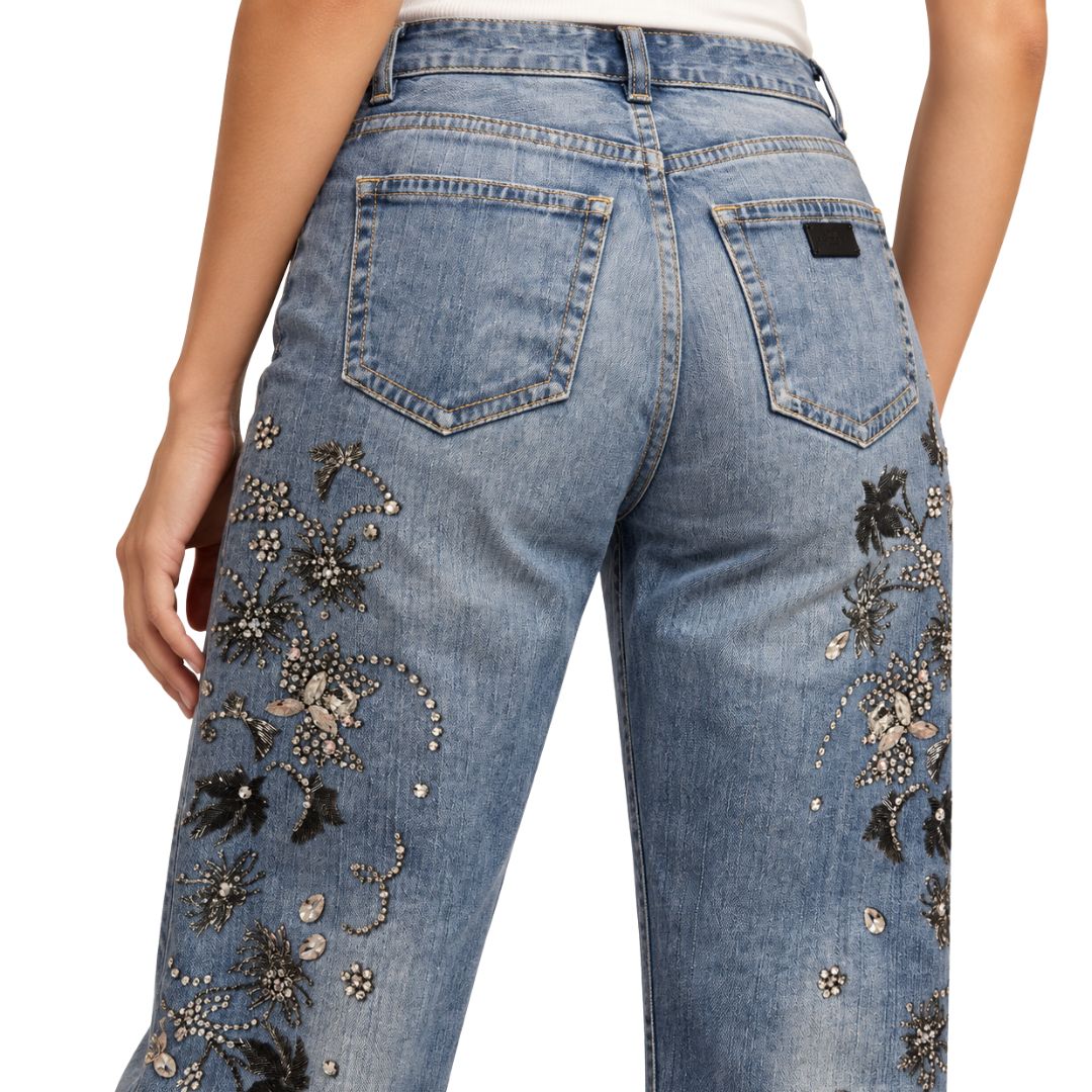 Jeans Donna Scilla diritto con applicazioni strass e stampa floreale tinto capo