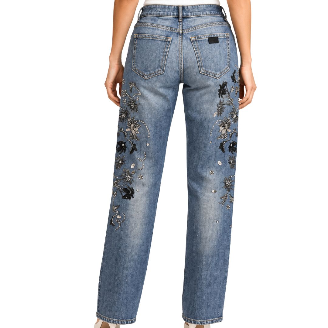 Jeans Donna Scilla diritto con applicazioni strass e stampa floreale tinto capo
