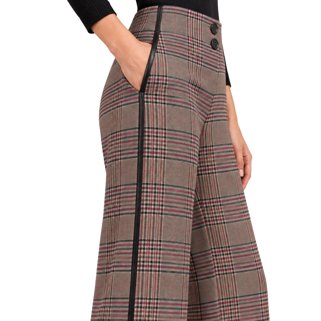 Pantalone donna Elica tartan gamba larga con bande laterali in pelle
