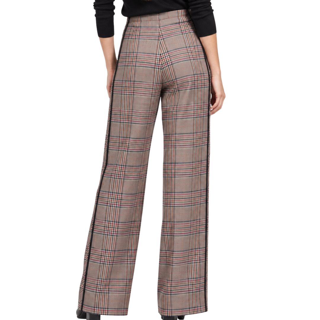 Pantalone donna Elica tartan gamba larga con bande laterali in pelle