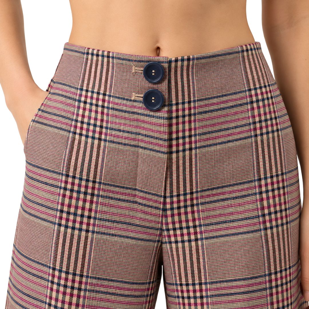 Pantalone donna Elica tartan gamba larga con bande laterali in pelle