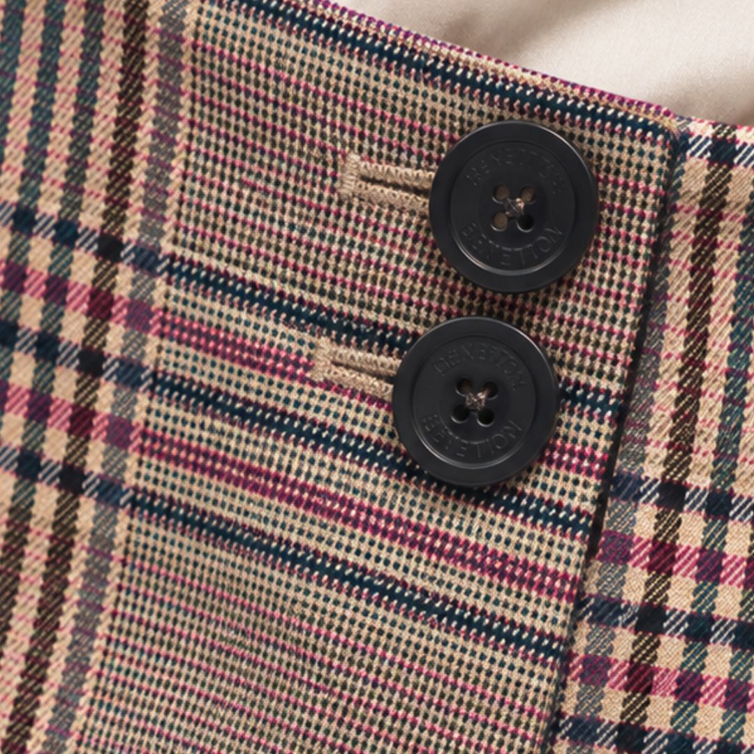 Pantalone donna Elica tartan gamba larga con bande laterali in pelle