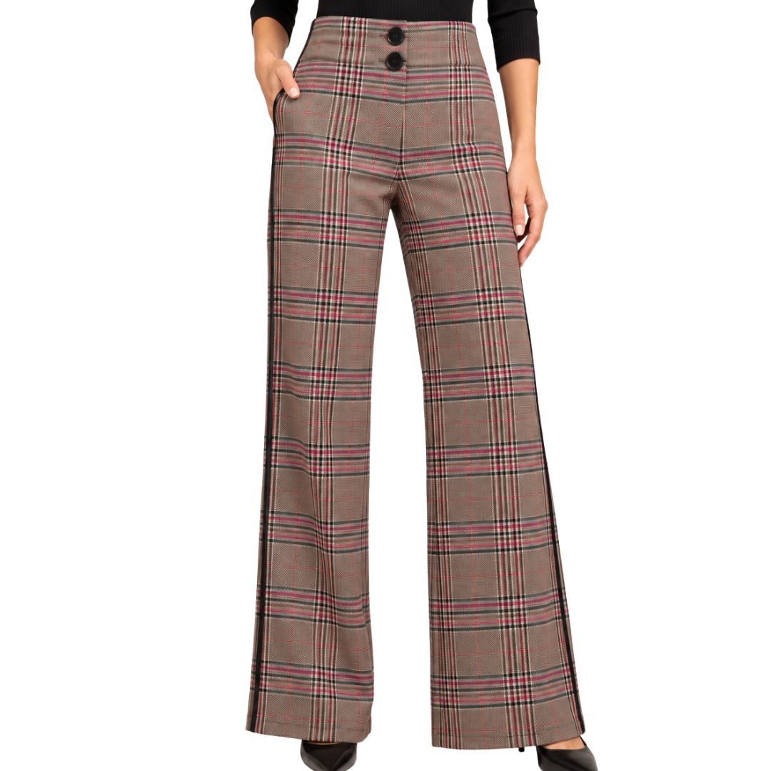 Pantalone donna Elica tartan gamba larga con bande laterali in pelle