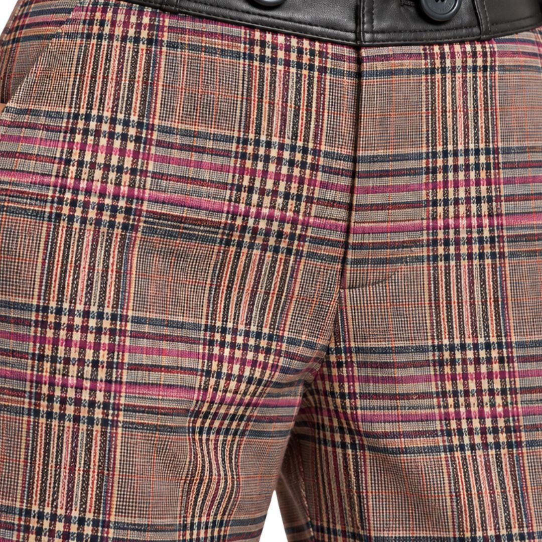 Pantalone donna Eliadi tartan diritto con vita rifinita in pelle