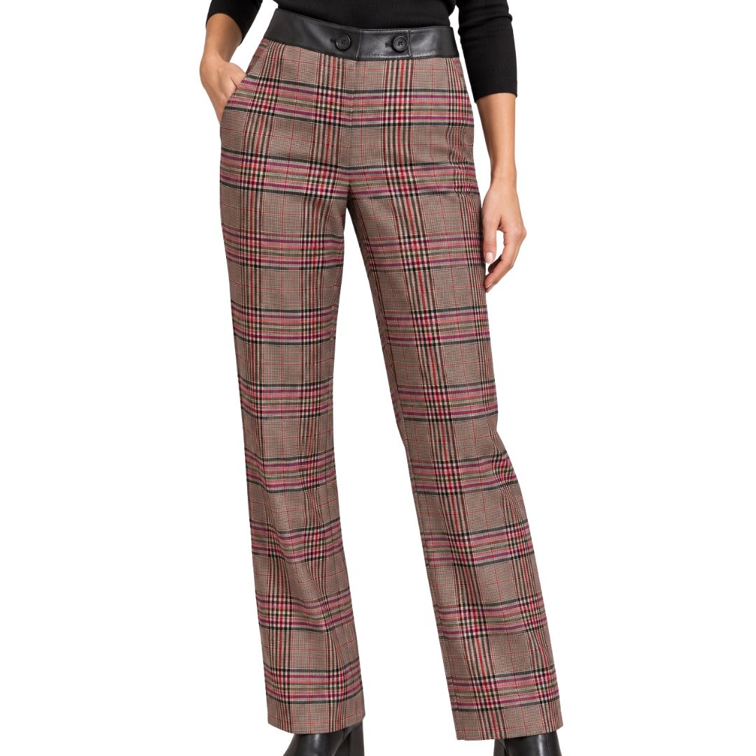 Pantalone donna Eliadi tartan diritto con vita rifinita in pelle