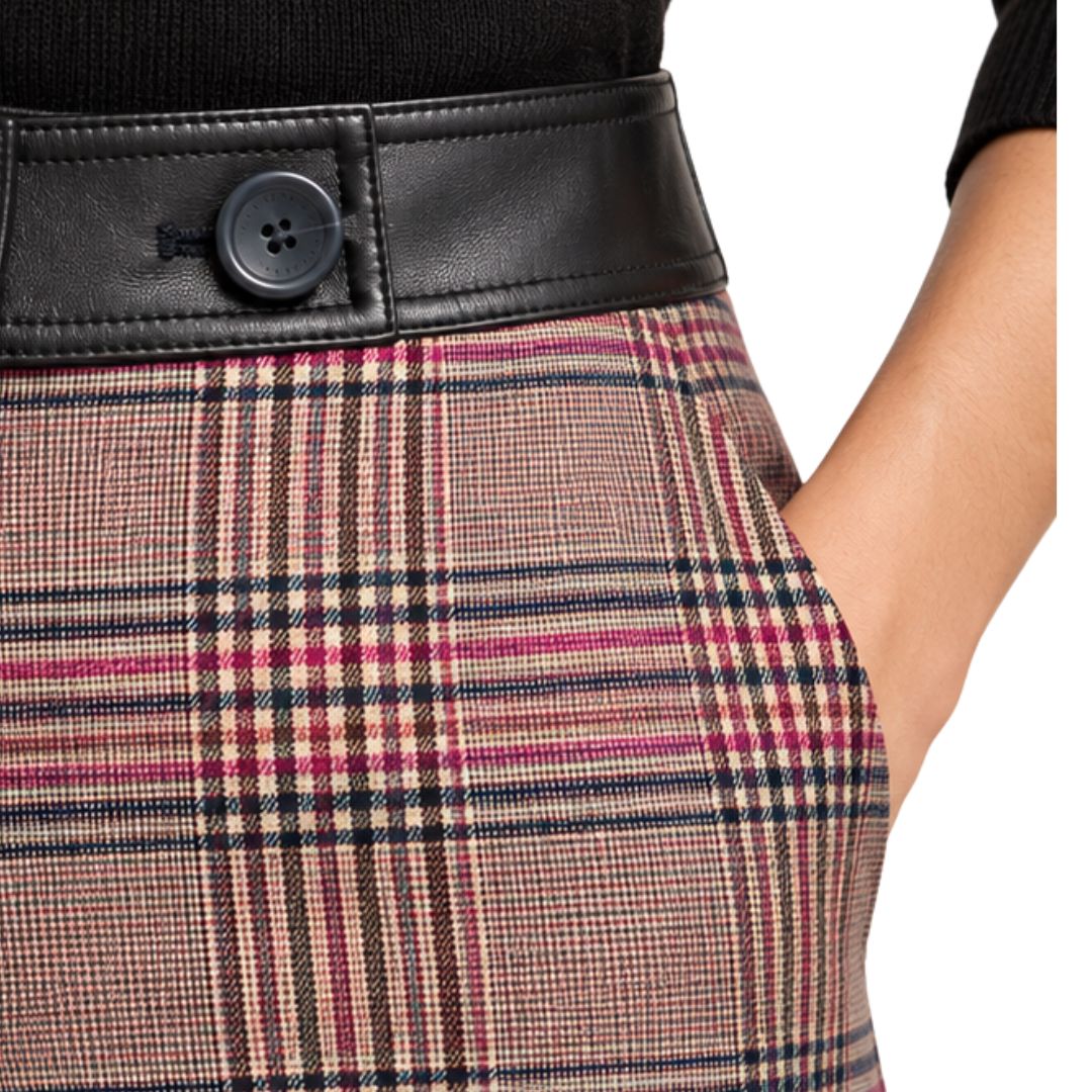 Pantalone donna Eliadi tartan diritto con vita rifinita in pelle