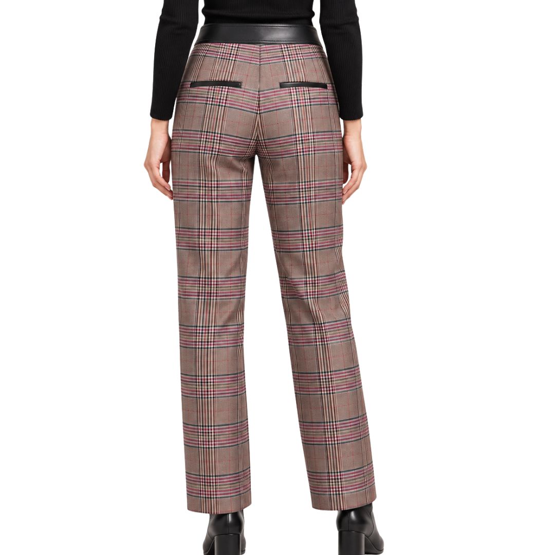 Pantalone donna Eliadi tartan diritto con vita rifinita in pelle