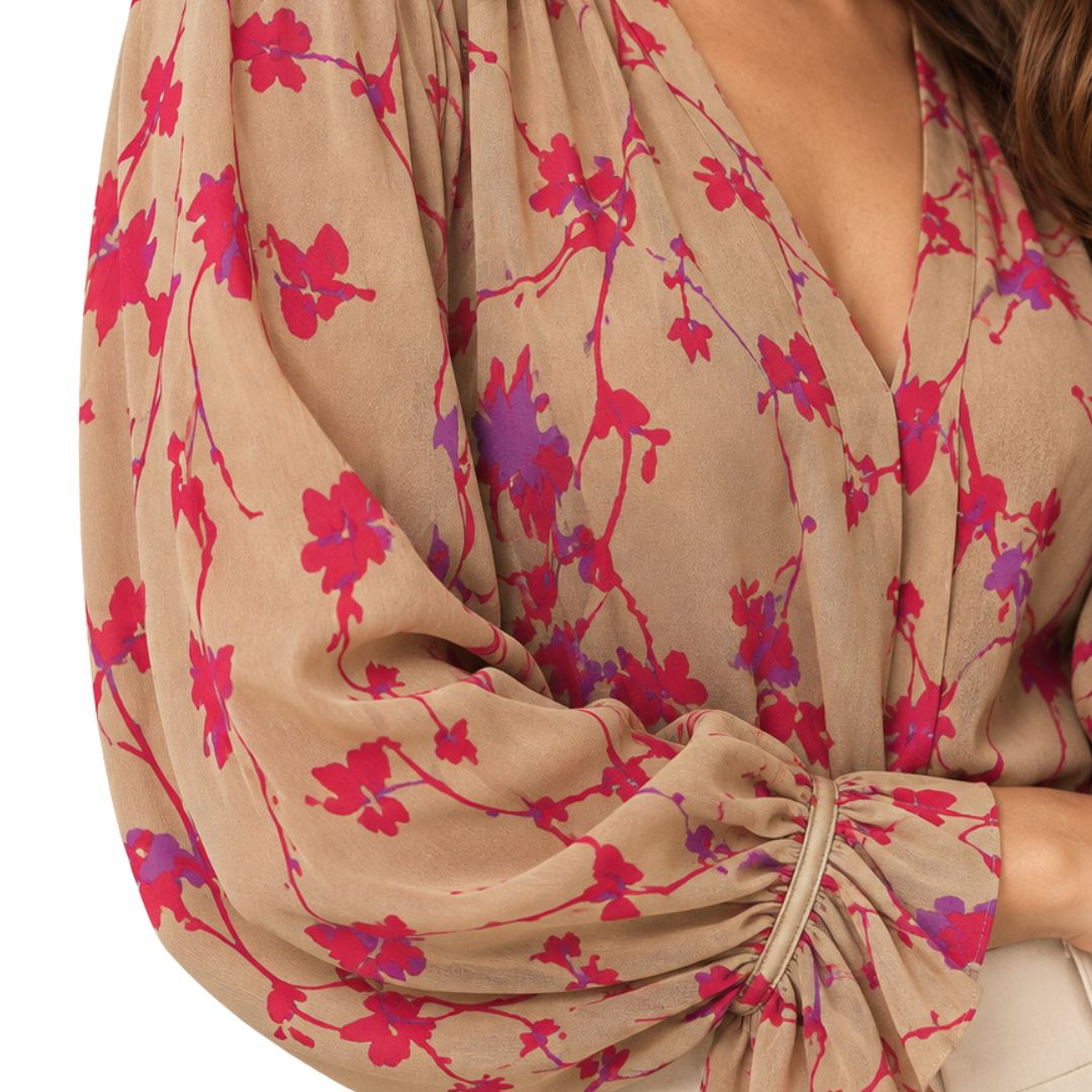 Blusa donna Filly manica lunga fantasia con scollo a V e gala dietro