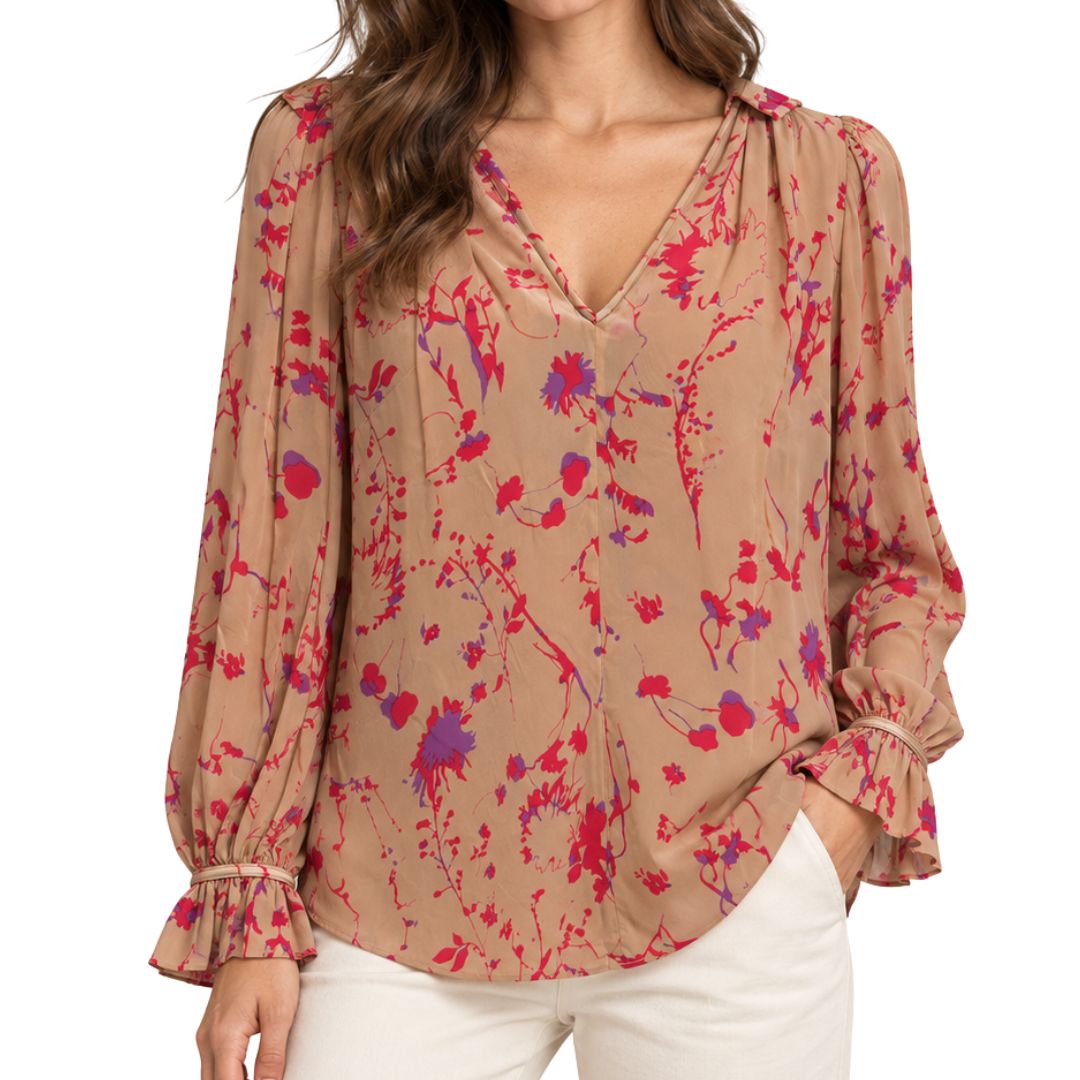 Blusa donna Filly manica lunga fantasia con scollo a V e gala dietro