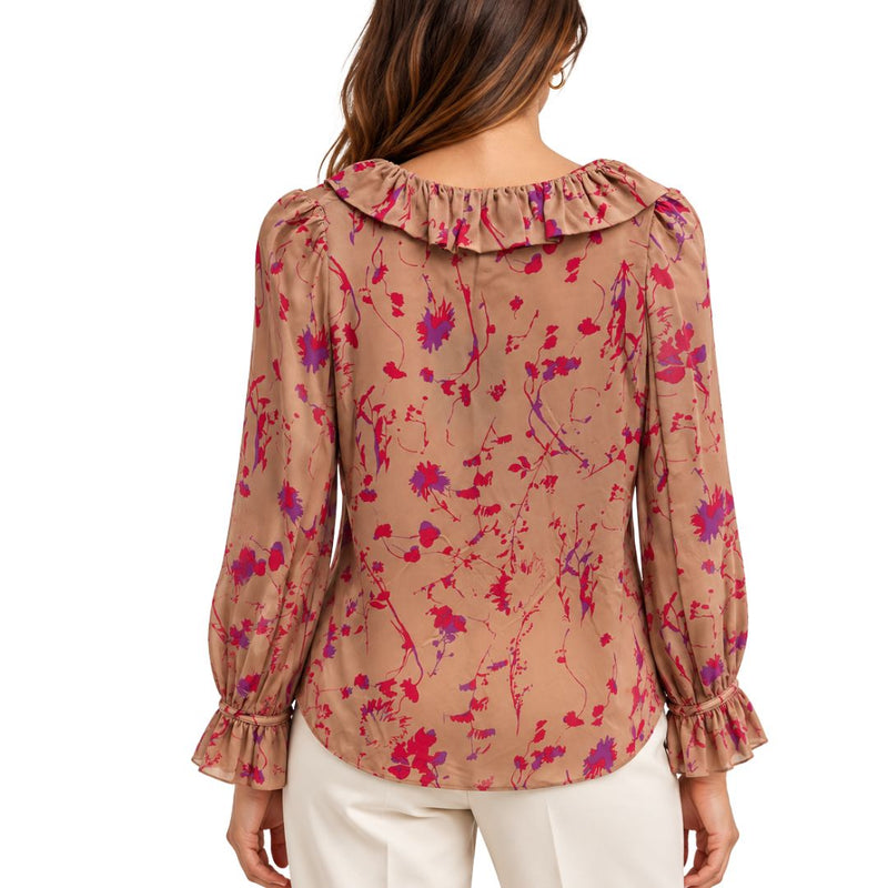 Blusa donna Filly manica lunga fantasia con scollo a V e gala dietro