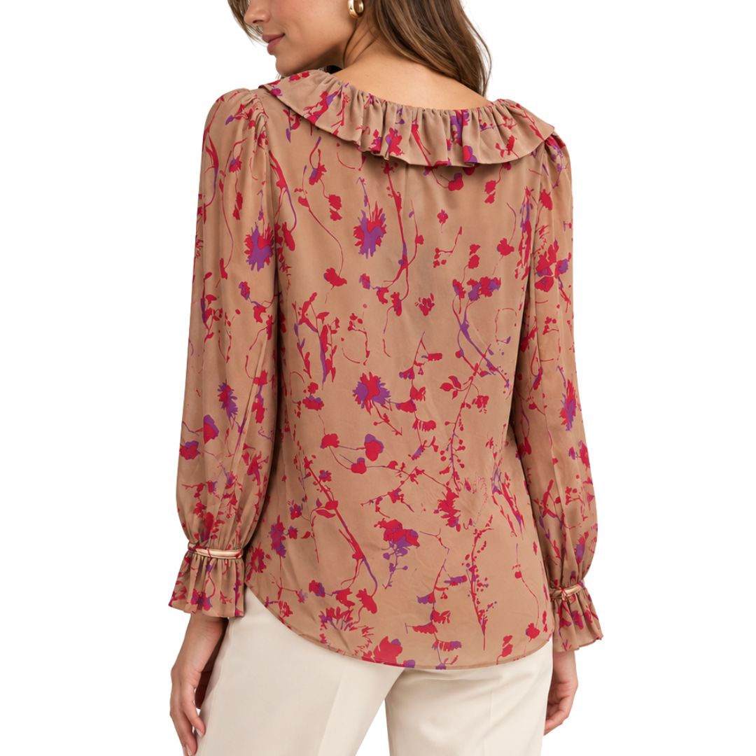 Blusa donna Filly manica lunga fantasia con scollo a V e gala dietro