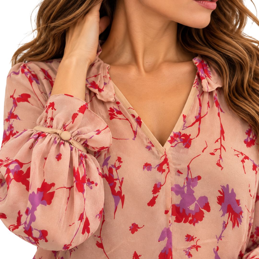 Blusa donna Filly manica lunga fantasia con scollo a V e gala dietro