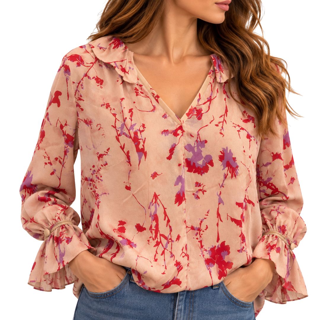 Blusa donna Filly manica lunga fantasia con scollo a V e gala dietro
