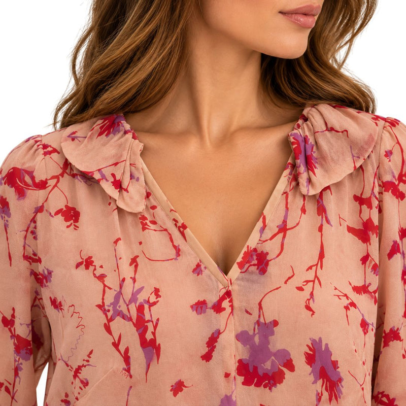 Blusa donna Filly manica lunga fantasia con scollo a V e gala dietro