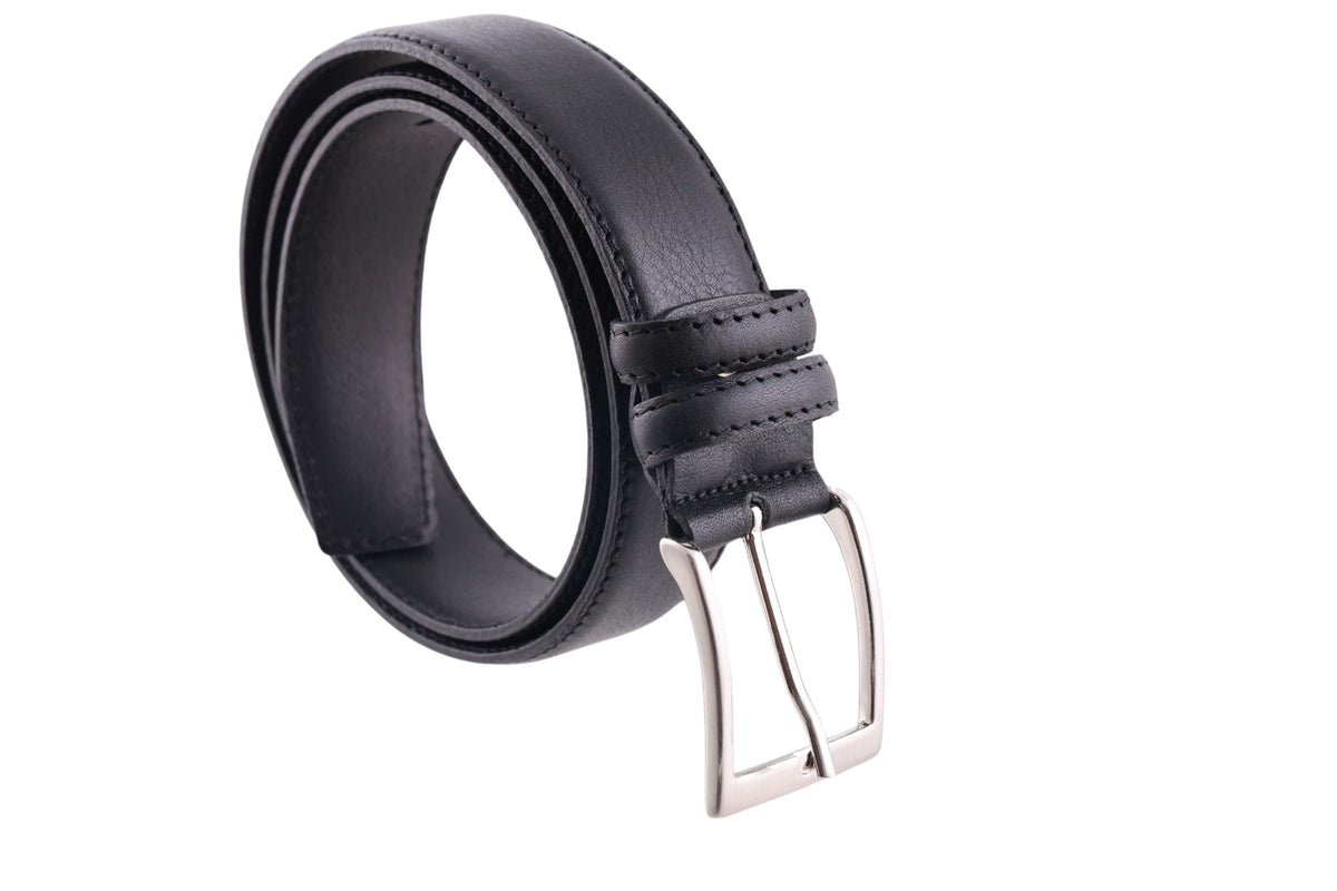 Cintura uomo in pelle con cuciture rinforzate e fibbia metallica satinata