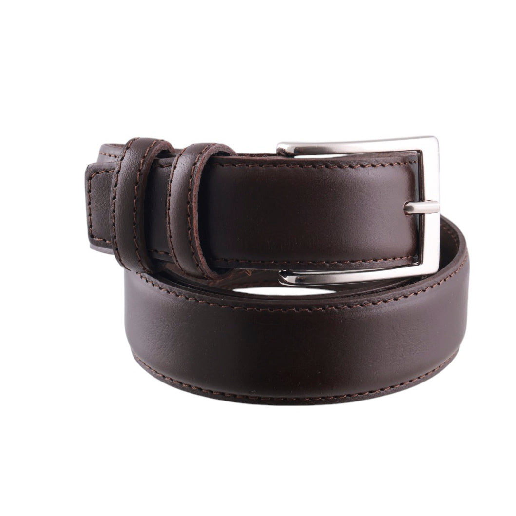 Cintura uomo in pelle con cuciture rinforzate e fibbia metallica satinata