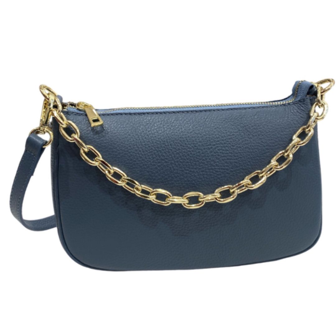 Borsa a Spalla in Pelle Martellata con Catena Oro