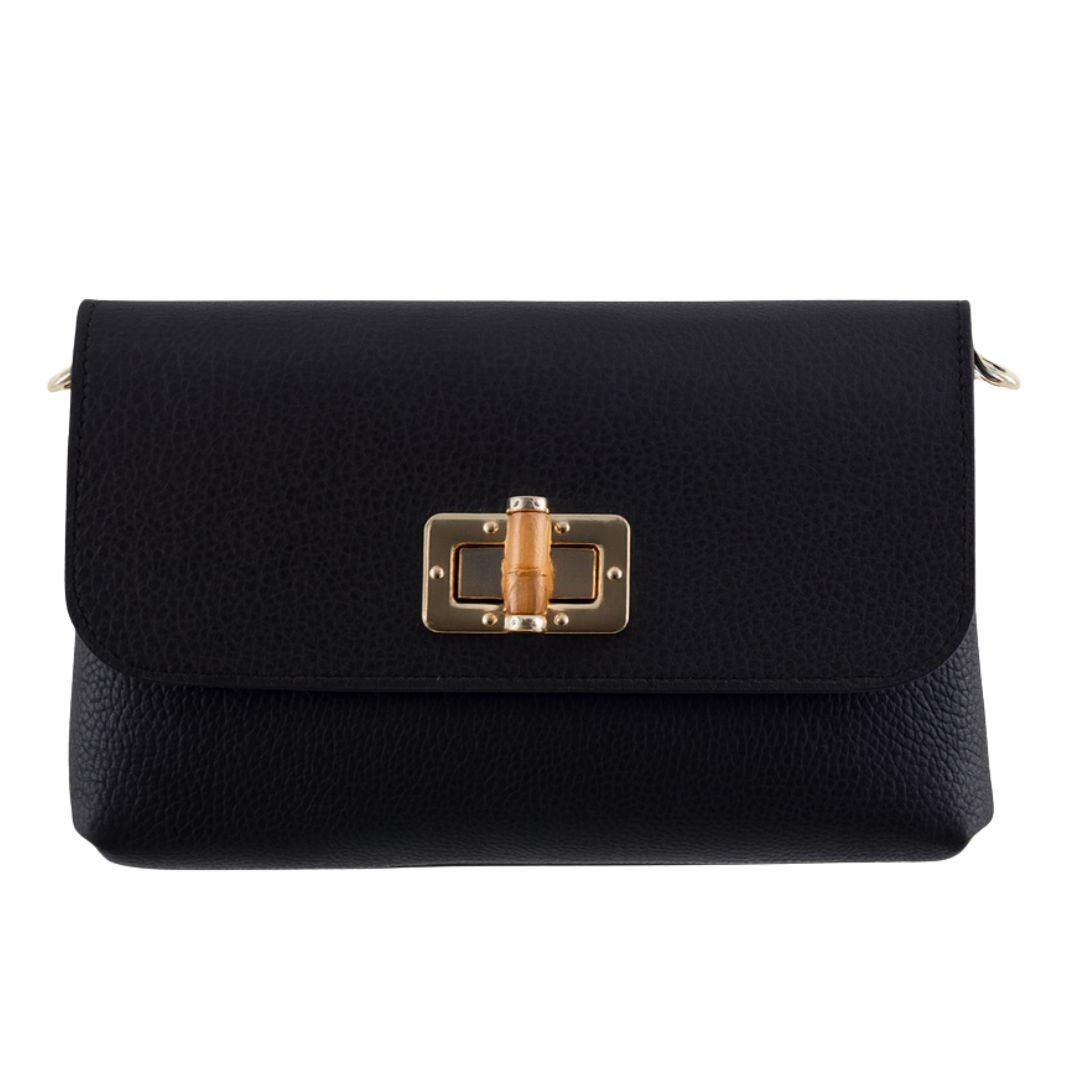 Borsa a Tracolla in Pelle Martellata con Dettagli in Bambù e Catena Dorata