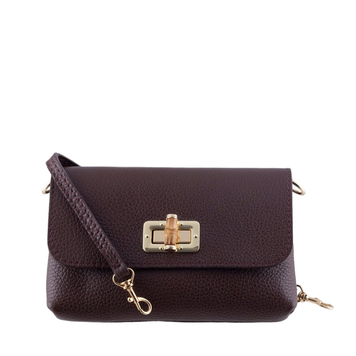 Borsa a Tracolla in Pelle Martellata con Dettagli in Bambù e Catena Dorata