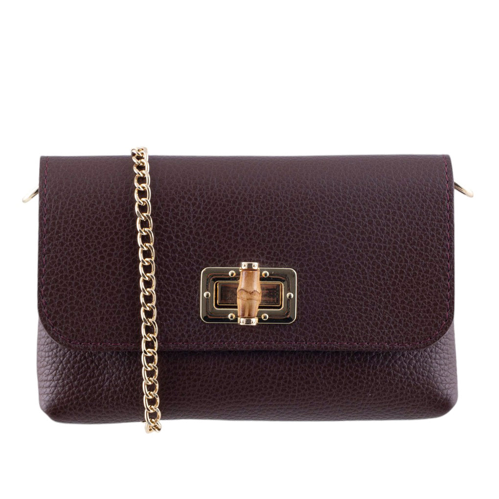 Borsa a Tracolla in Pelle Martellata con Dettagli in Bambù e Catena Dorata