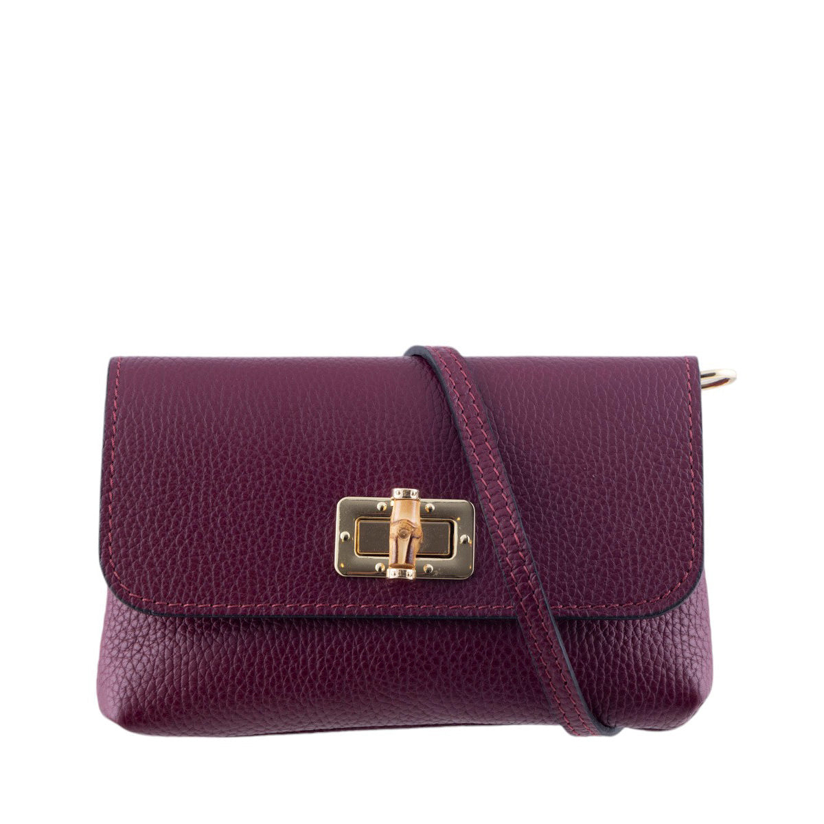 Borsa a Tracolla in Pelle Martellata con Dettagli in Bambù e Catena Dorata