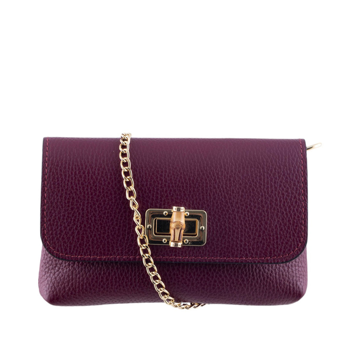 Borsa a Tracolla in Pelle Martellata con Dettagli in Bambù e Catena Dorata