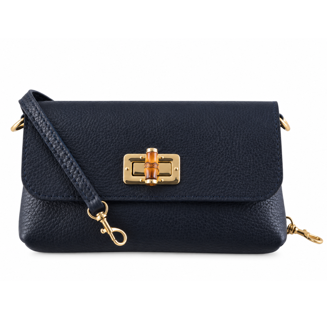 Borsa a Tracolla in Vera Pelle Martellata con Dettagli in Bambù e Catena Dorata