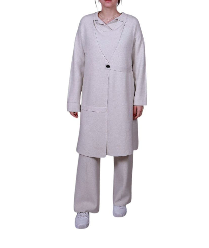 Cappottino donna in maglia lungo con bottone e scollo a v Made in Italy