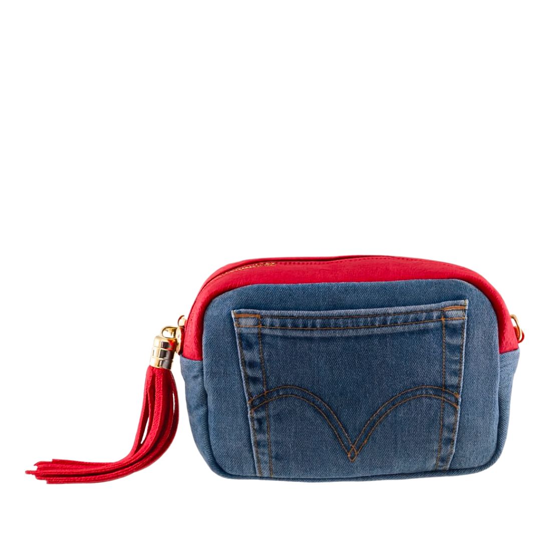 Borsa donna cubotto in pelle e jeans con frangia laterale e tasca frontale