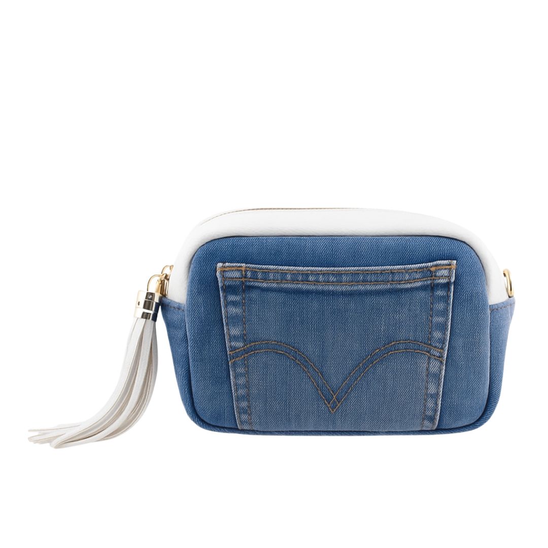 Borsa donna cubotto in pelle e jeans con frangia laterale e tasca frontale
