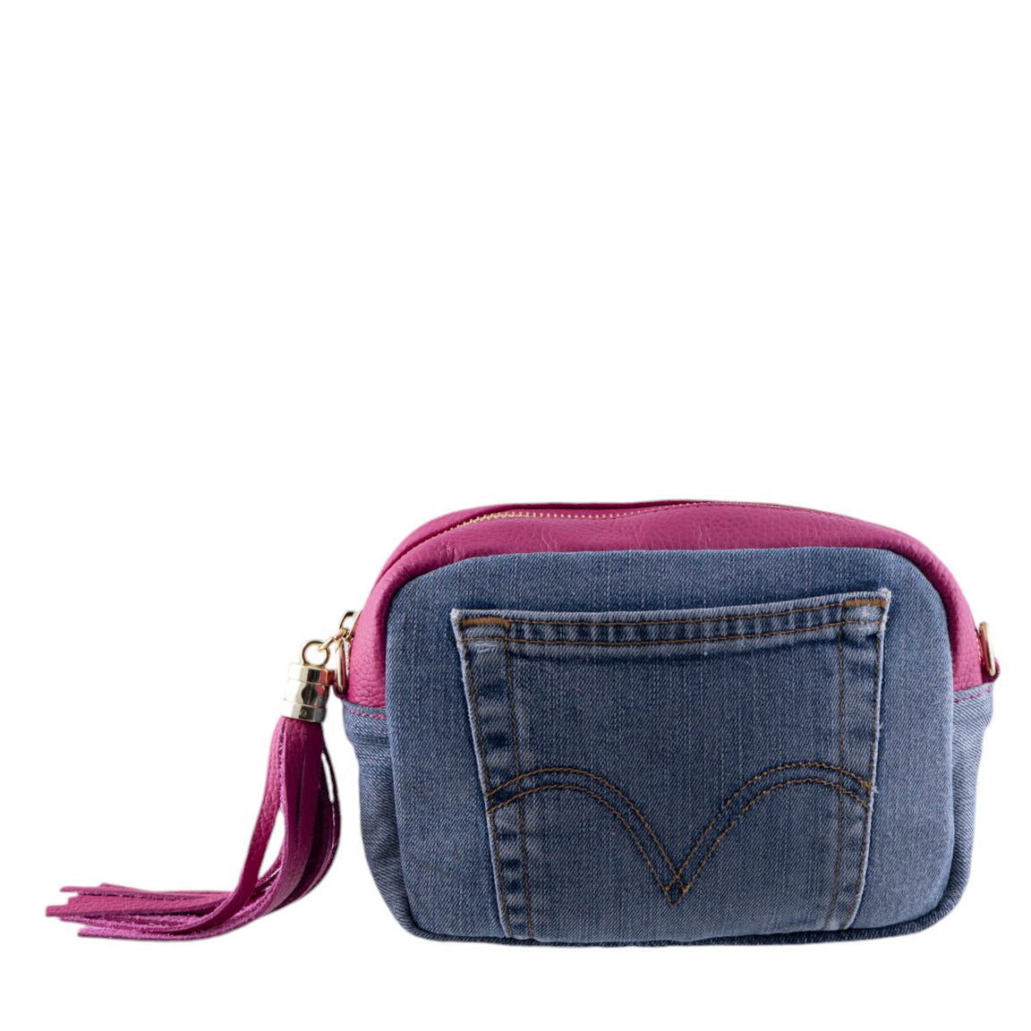 Borsa donna cubotto in pelle e jeans con frangia laterale e tasca frontale