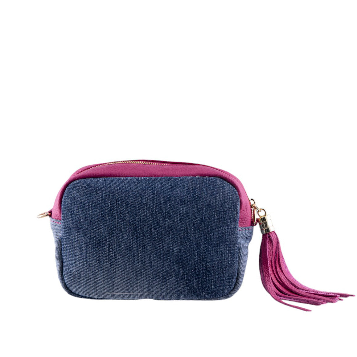 Borsa donna cubotto in pelle e jeans con frangia laterale e tasca frontale