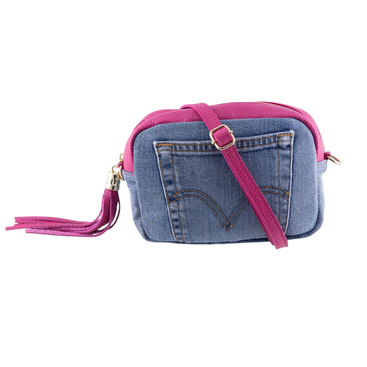 Borsa donna cubotto in pelle e jeans con frangia laterale e tasca frontale