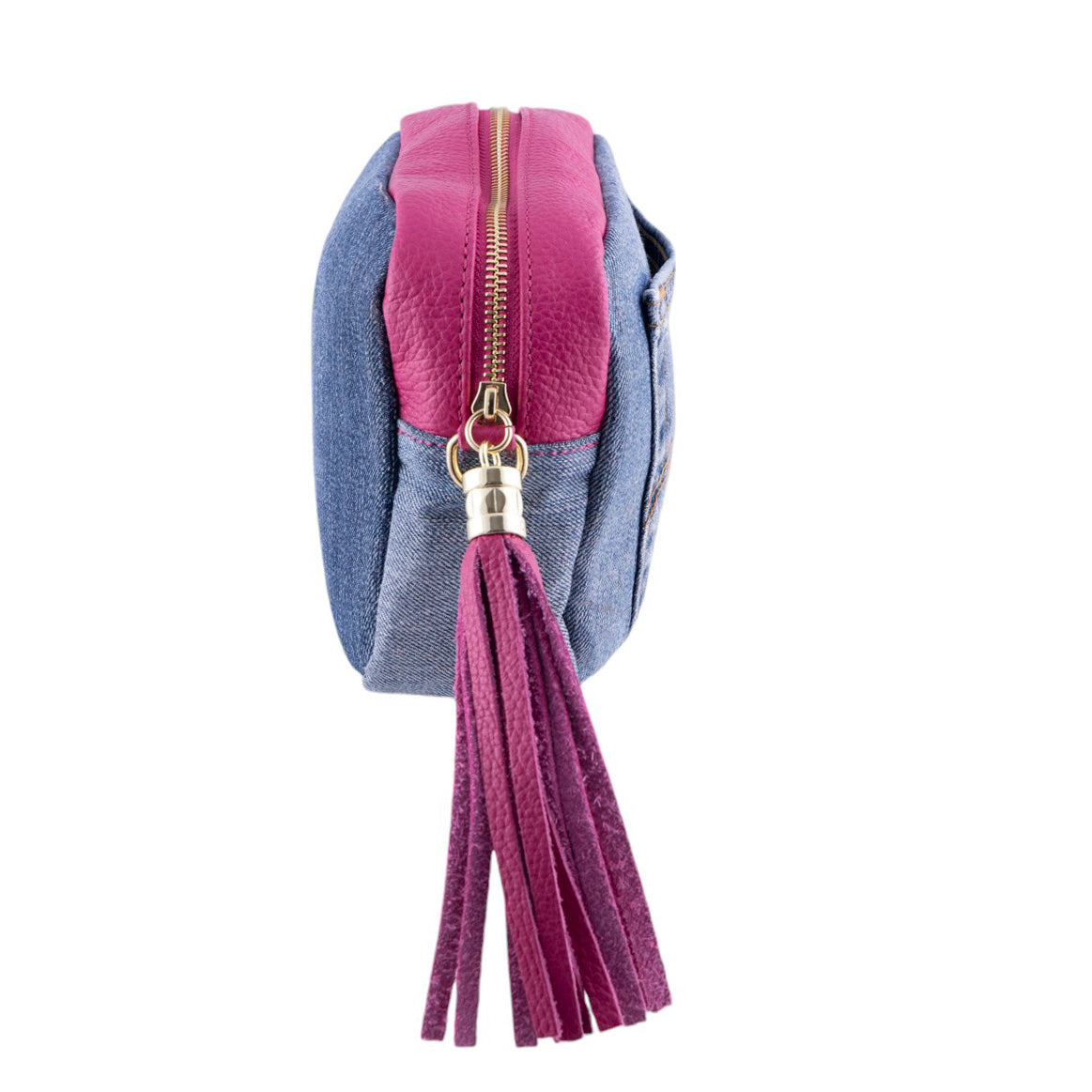 Borsa donna cubotto in pelle e jeans con frangia laterale e tasca frontale