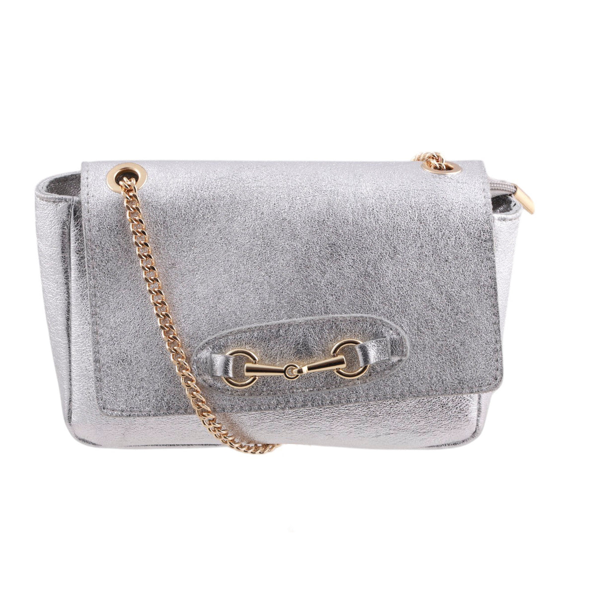 Borsa in vera pelle effetto laminato, catena tracolla e fibbia oro Made in Italy