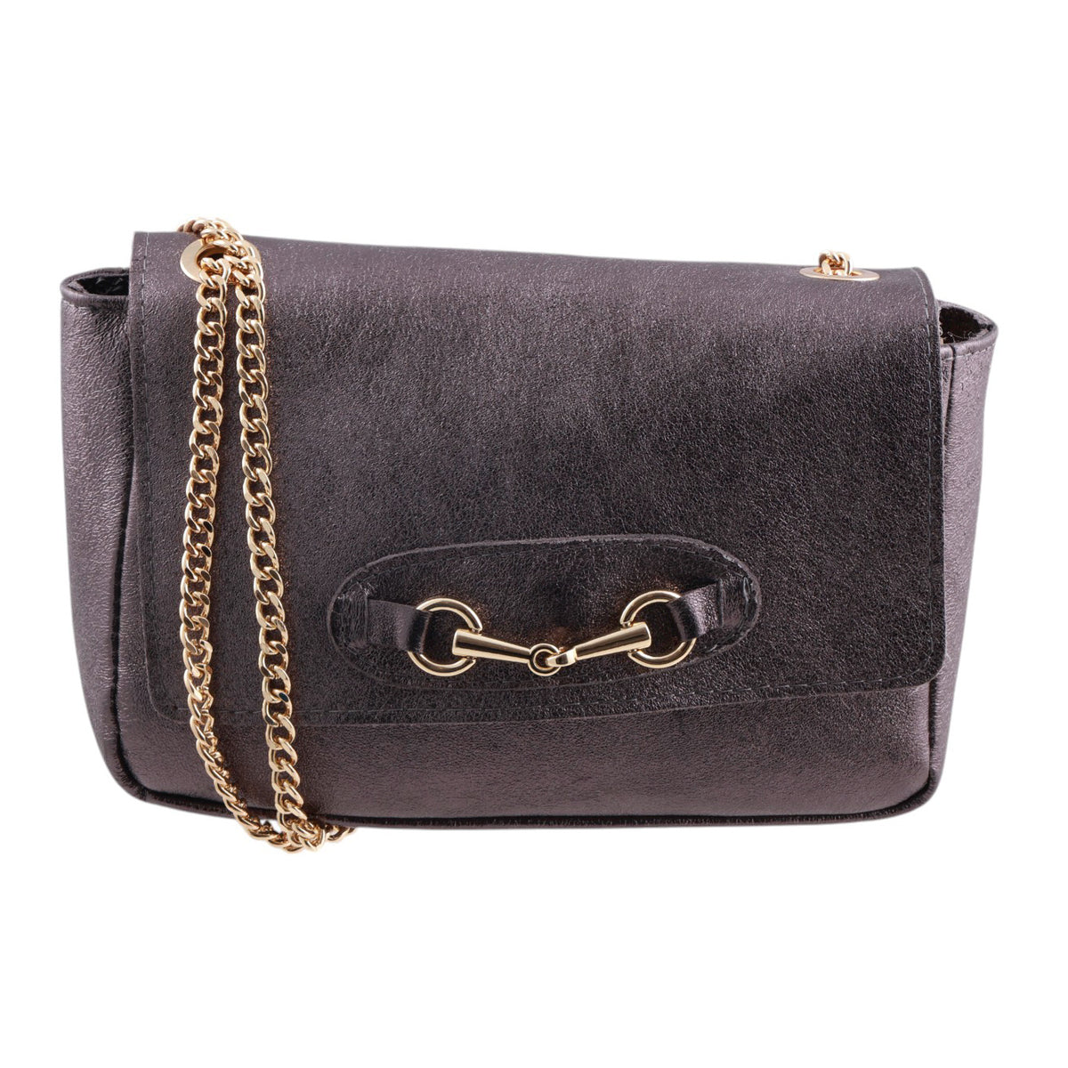 Borsa in vera pelle effetto laminato, catena tracolla e fibbia oro Made in Italy