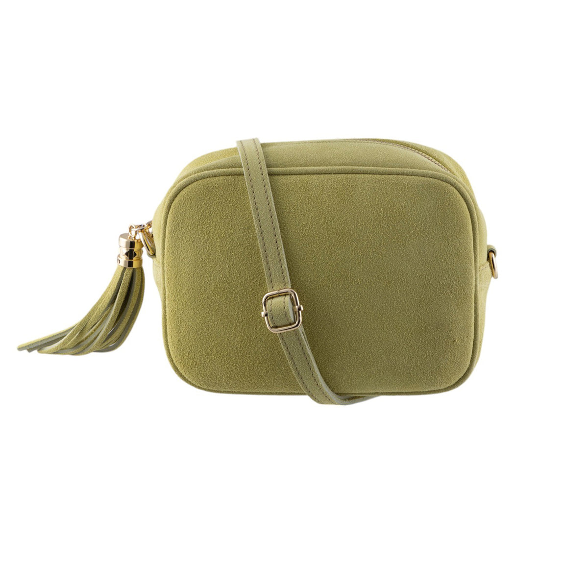 Borsa a tracolla vero camoscio, cursore a frangia laterale e chiusura con zip