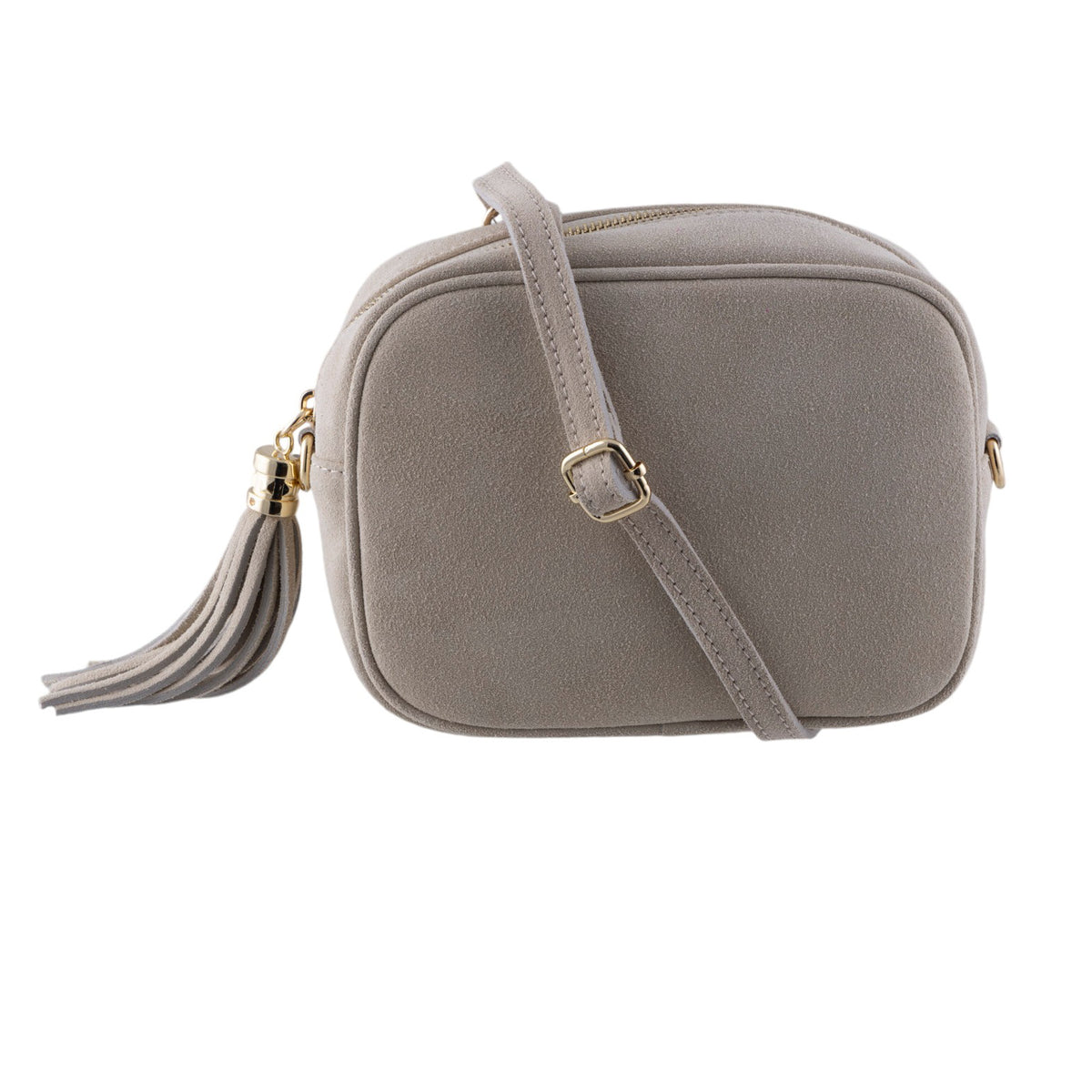 Borsa a tracolla vero camoscio, cursore a frangia laterale e chiusura con zip