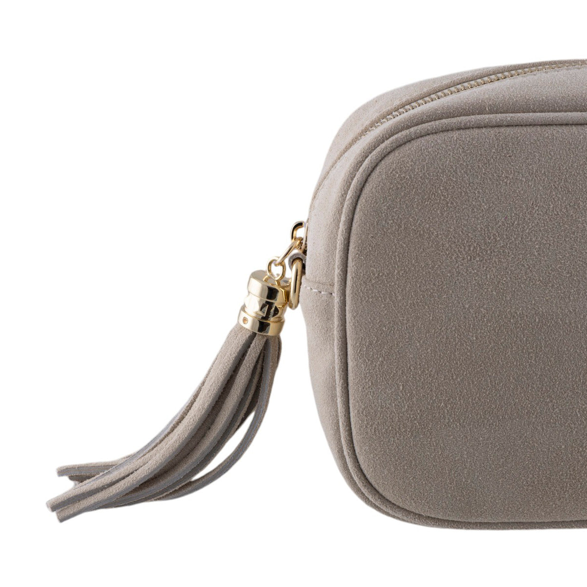 Borsa a tracolla vero camoscio, cursore a frangia laterale e chiusura con zip