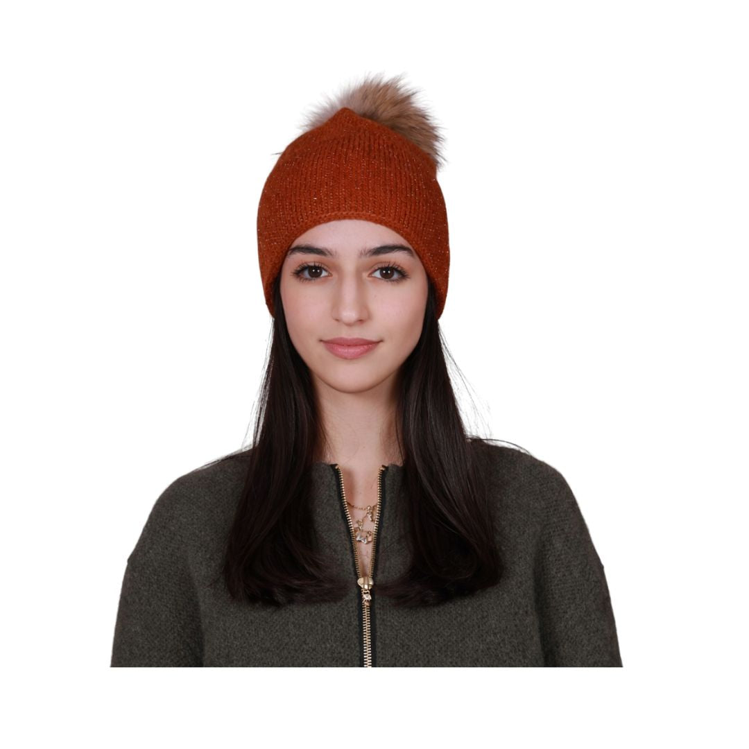 Cappello donna in misto angora e lurex, pon pon in finta pelliccia Made in Italy