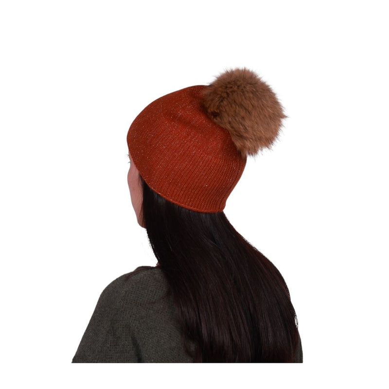 Cappello donna in misto angora e lurex, pon pon in finta pelliccia Made in Italy