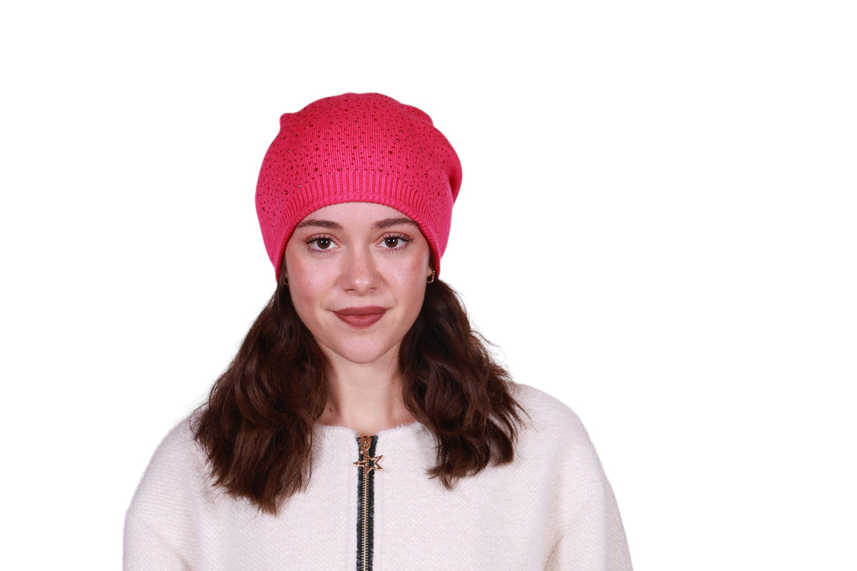 Berretto donna in misto lana con brillantini e cucitura posteriore Made in Italy