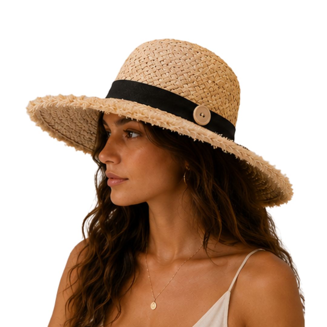 Cappello donna a tesa larga in paglia con fiocco grande e bottone Made in Italy