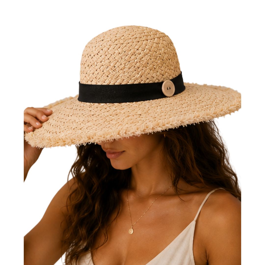 Cappello donna a tesa larga in paglia con fiocco grande e bottone Made in Italy