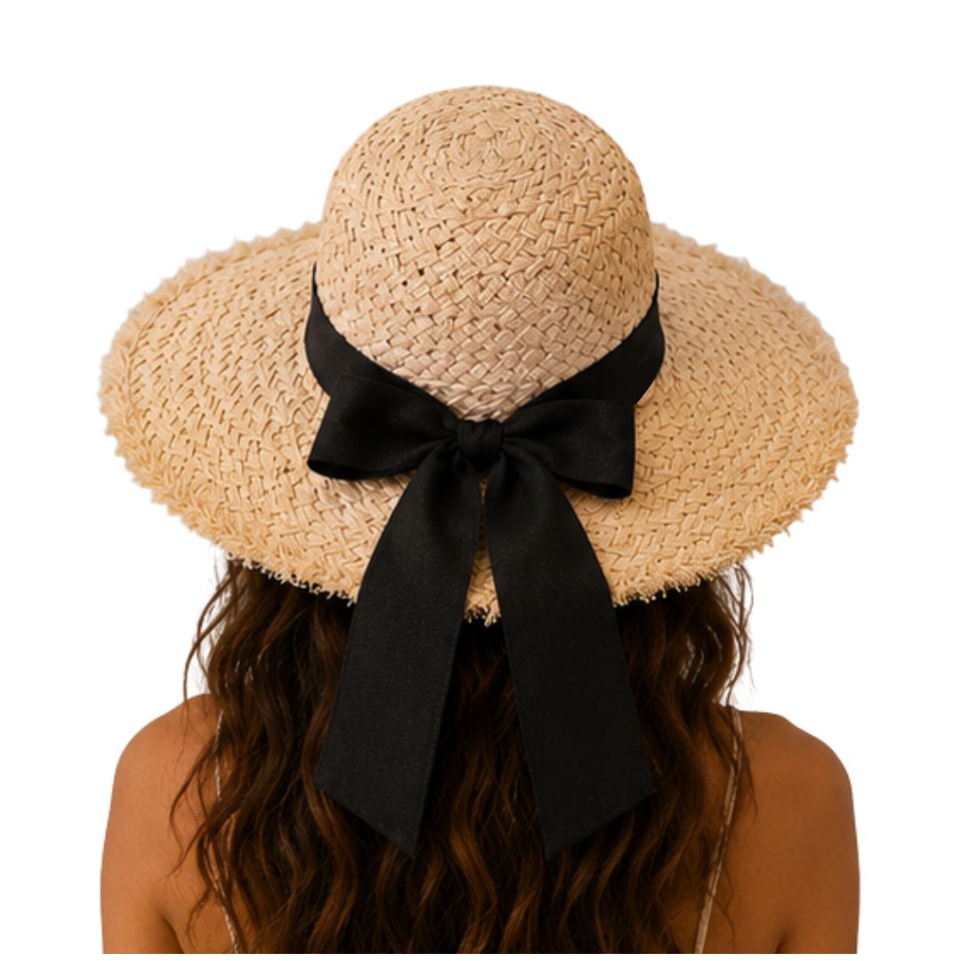 Cappello donna a tesa larga in paglia con fiocco grande e bottone Made in Italy