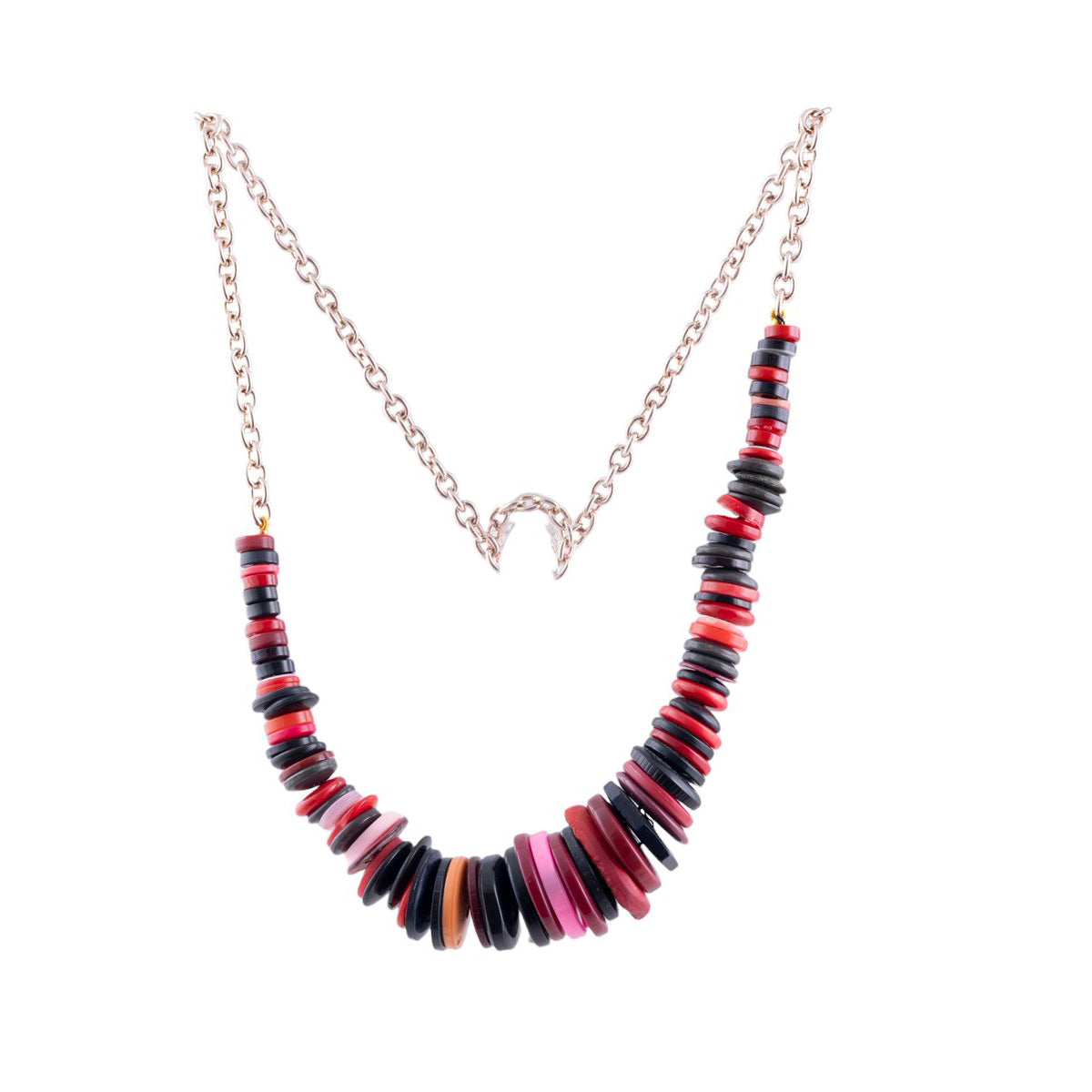 Collana artigianale con elementi a bottone multicolor su catena metallica