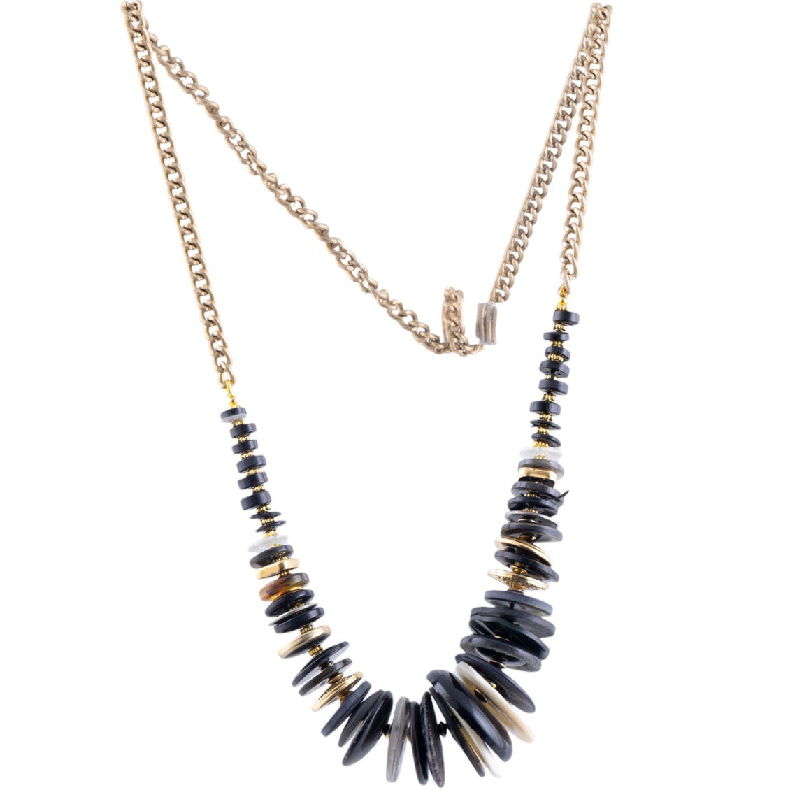 Collana artigianale con elementi a bottone multicolor su catena metallica